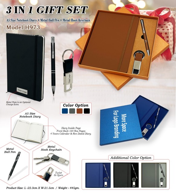 3 in 1 gift set model h973 diary, metal pen and keychain